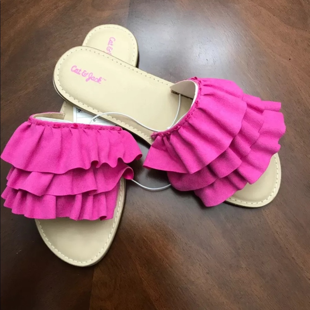 Girls Sz 2 fuchsia pink ruffle slides - Picture 8 of 8